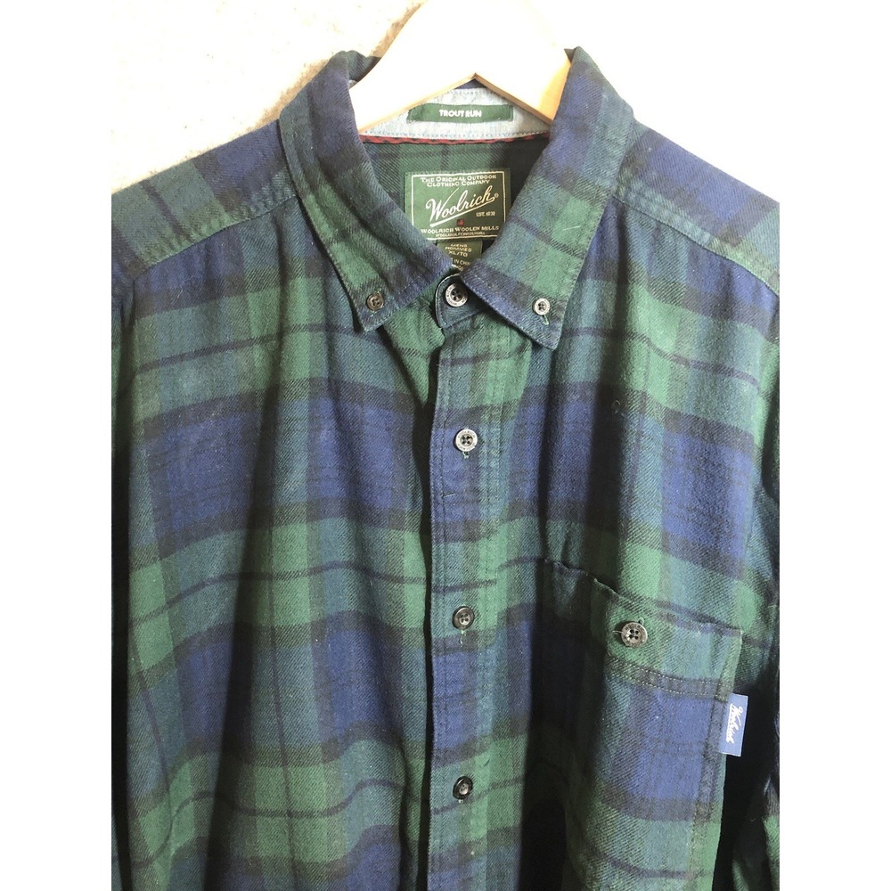 Woolrich Shirt XL Blue Tartan Plaid Trout Run Flannel Fish Camp Hike Outdoors